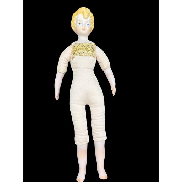 Vintage 1983 LaVerne Bisque Cloth Body Doll With Yellow Hair & Embroidered Dress - Picture 7 of 8